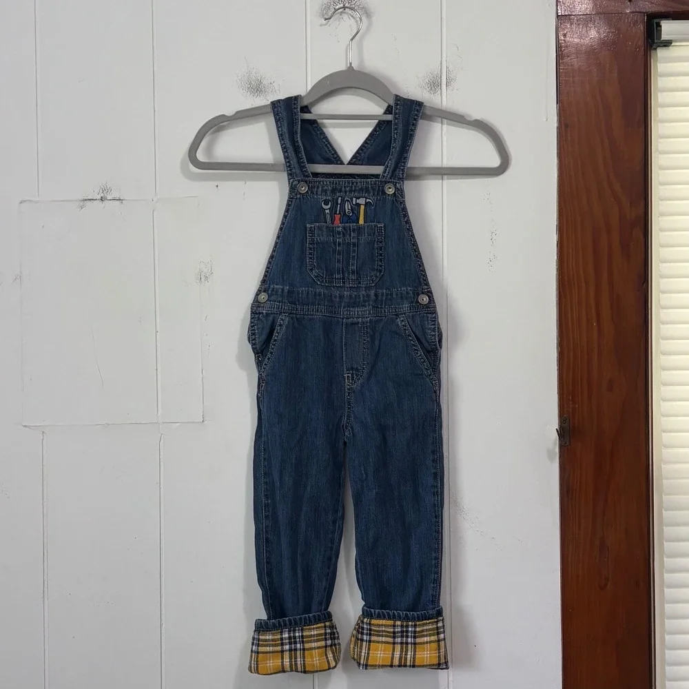 The Children's Place Boys 4T Denim Tool Embroidered Plaid Lined Overalls Blue